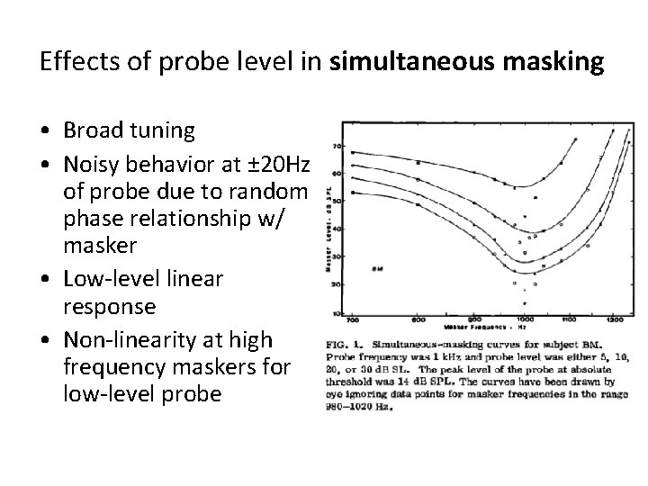 Effects of probe level in simultaneous masking • Broad tuning • Noisy behavior at