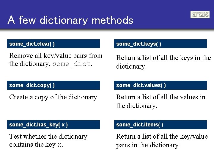 A few dictionary methods some_dict. clear( ) some_dict. keys( ) Remove all key/value pairs