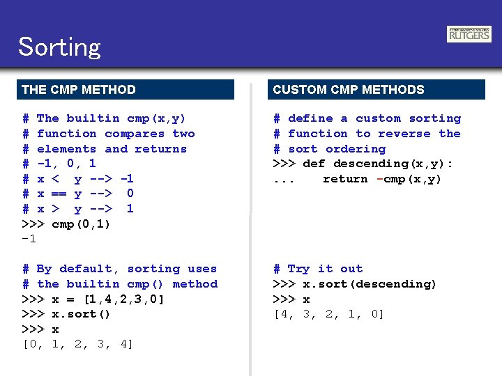 Sorting THE CMP METHOD CUSTOM CMP METHODS # The builtin cmp(x, y) # function