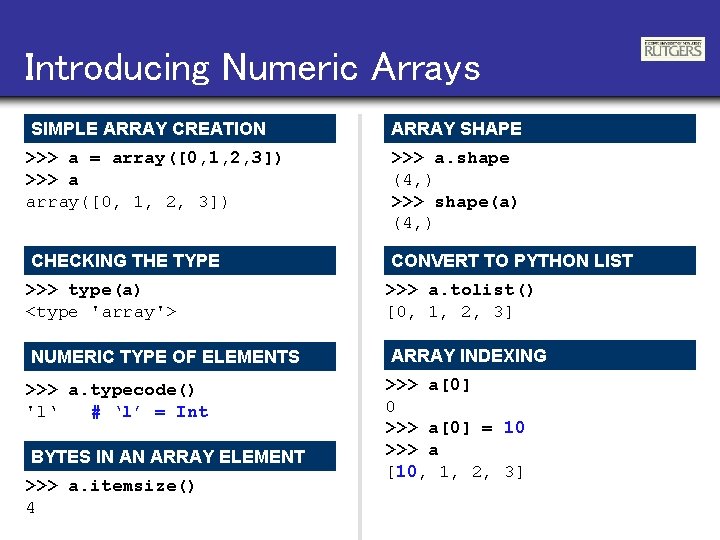 Introducing Numeric Arrays SIMPLE ARRAY CREATION >>> a = array([0, 1, 2, 3]) >>>