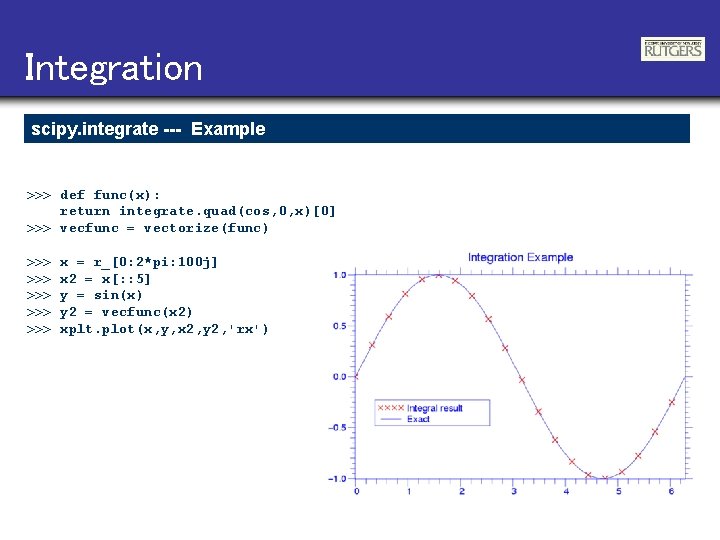 Integration scipy. integrate --- Example >>> def func(x): return integrate. quad(cos, 0, x)[0] >>>