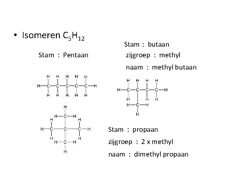  • Isomeren C 5 H 12 Stam : Pentaan Stam : butaan zijgroep
