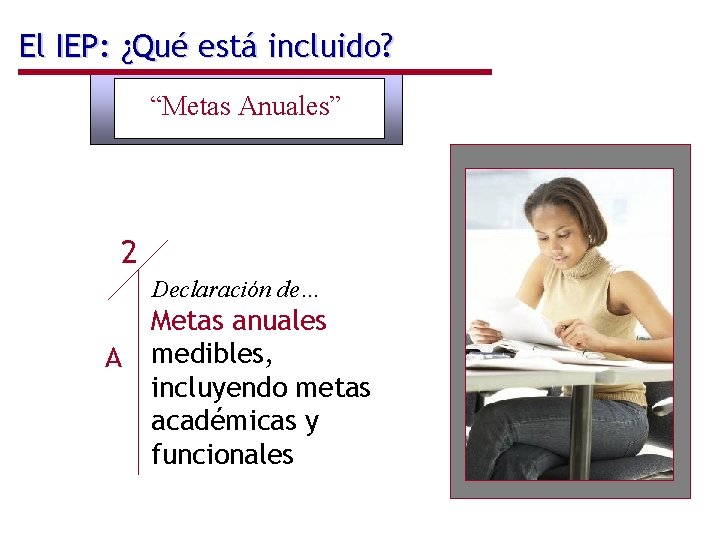 El IEP: ¿Qué está incluido? “Metas Anuales” 2 Declaración de… A Metas anuales medibles,