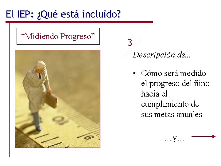 El IEP: ¿Qué está incluido? “Midiendo Progreso” 3 Descripción de. . . • Cómo