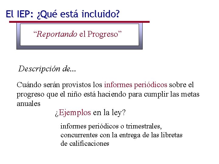 El IEP: ¿Qué está incluido? “Reportando el Progreso” Descripción de. . . Cuándo serán