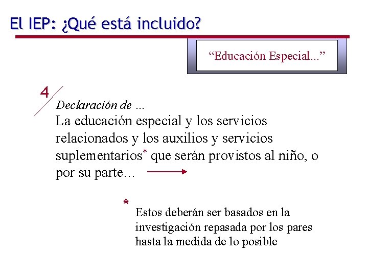 El IEP: ¿Qué está incluido? “Educación Especial. . . ” 4 Declaración de …