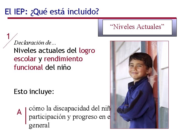 El IEP: ¿Qué está incluido? “Niveles Actuales” 1 Declaración de… Niveles actuales del logro