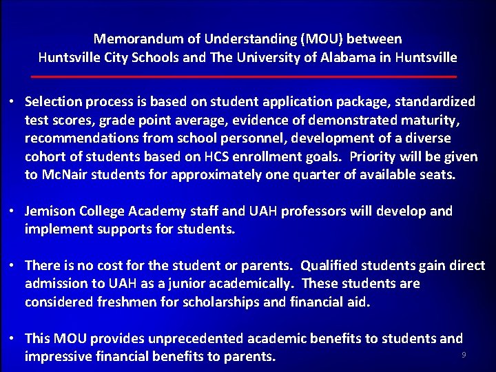 Memorandum of Understanding (MOU) between Huntsville City Schools and The University of Alabama in