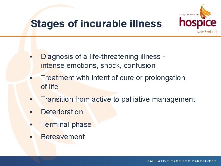 Stages of incurable illness • Diagnosis of a life-threatening illness – intense emotions, shock,