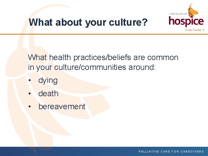 What about your culture? What health practices/beliefs are common in your culture/communities around: •
