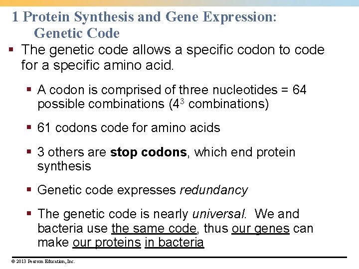 1 Protein Synthesis and Gene Expression: Genetic Code § The genetic code allows a