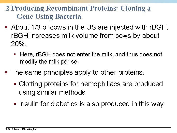 2 Producing Recombinant Proteins: Cloning a Gene Using Bacteria § About 1/3 of cows