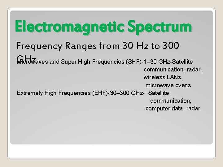 Electromagnetic Spectrum Frequency Ranges from 30 Hz to 300 GHz Microwaves and Super High