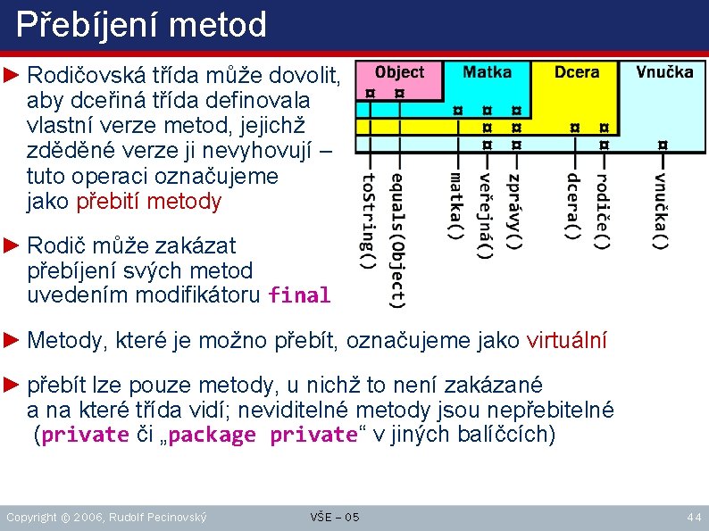 Přebíjení metod ► Rodičovská třída může dovolit, aby dceřiná třída definovala vlastní verze metod,