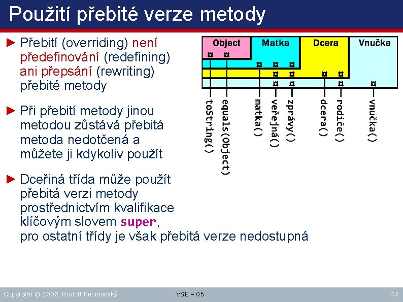 Použití přebité verze metody ► Přebití (overriding) není předefinování (redefining) ani přepsání (rewriting) přebité