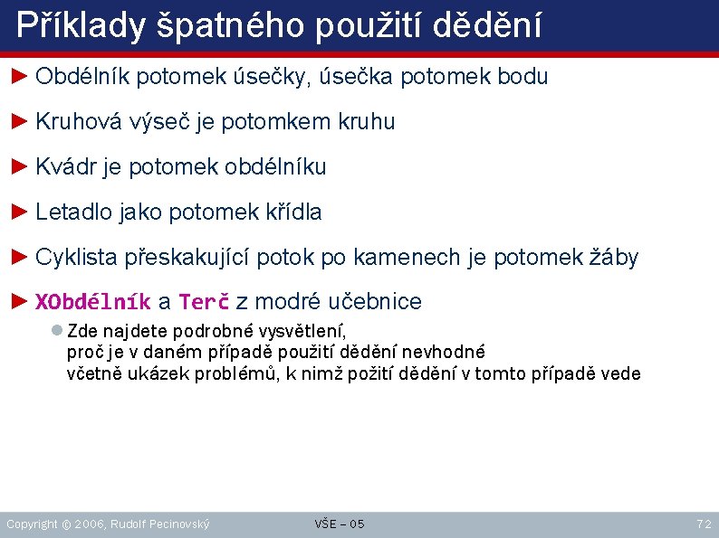 Příklady špatného použití dědění ► Obdélník potomek úsečky, úsečka potomek bodu ► Kruhová výseč