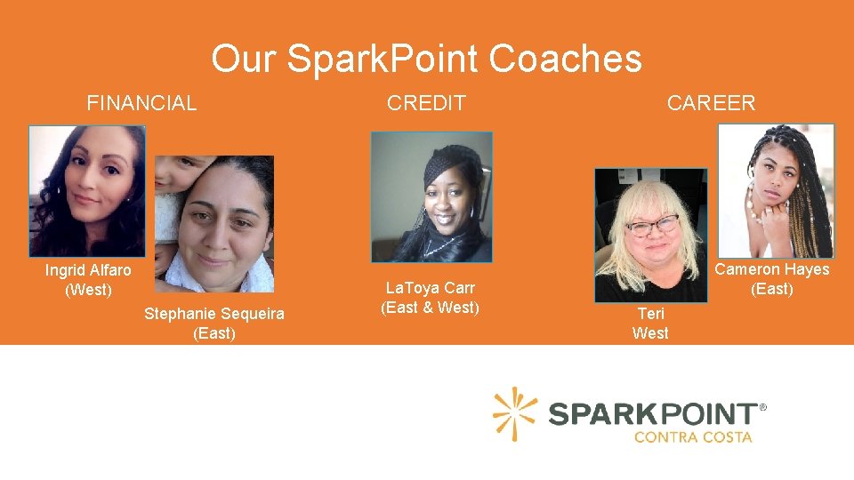 Our Spark. Point Coaches FINANCIAL Ingrid Alfaro (West) Stephanie Sequeira (East) CREDIT La. Toya