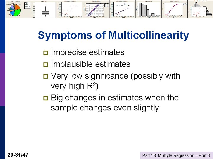 Symptoms of Multicollinearity Imprecise estimates p Implausible estimates p Very low significance (possibly with