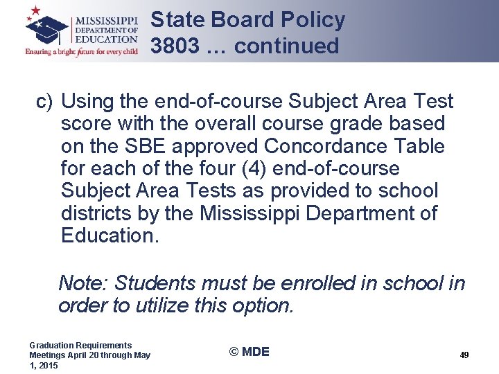 State Board Policy 3803 … continued c) Using the end of course Subject Area State Board Policy 3803 … continued c) Using the end of course Subject Area