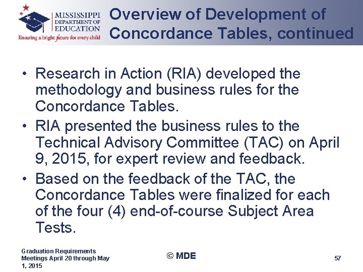 Overview of Development of Concordance Tables, continued • Research in Action (RIA) developed the Overview of Development of Concordance Tables, continued • Research in Action (RIA) developed the