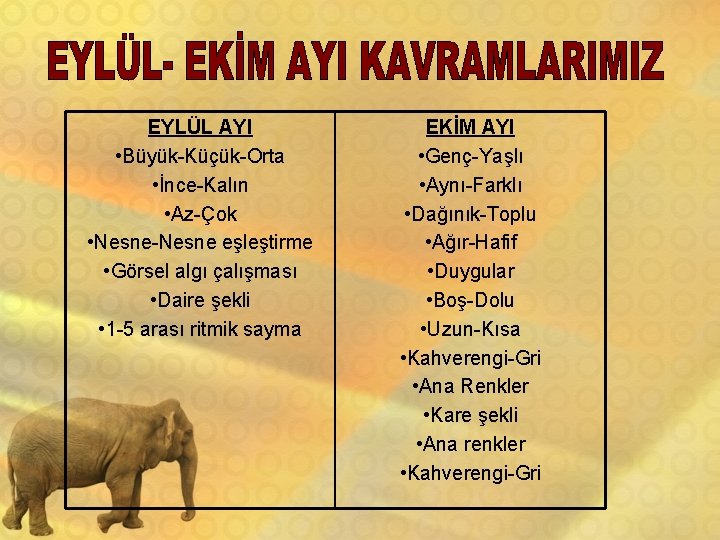 EYLÜL AYI • Büyük-Küçük-Orta • İnce-Kalın • Az-Çok • Nesne-Nesne eşleştirme • Görsel algı