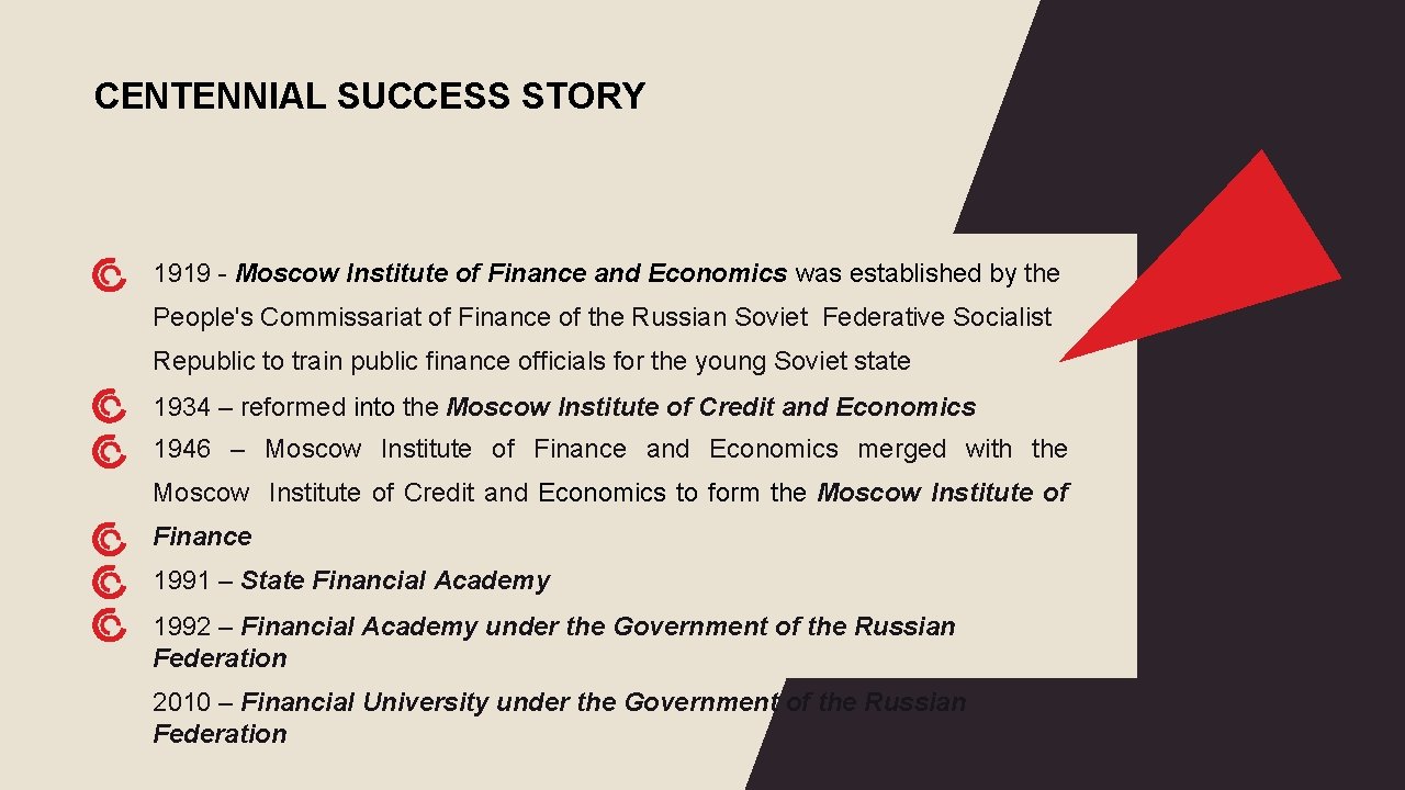 CENTENNIAL SUCCESS STORY 1919 - Moscow Institute of Finance and Economics was established by