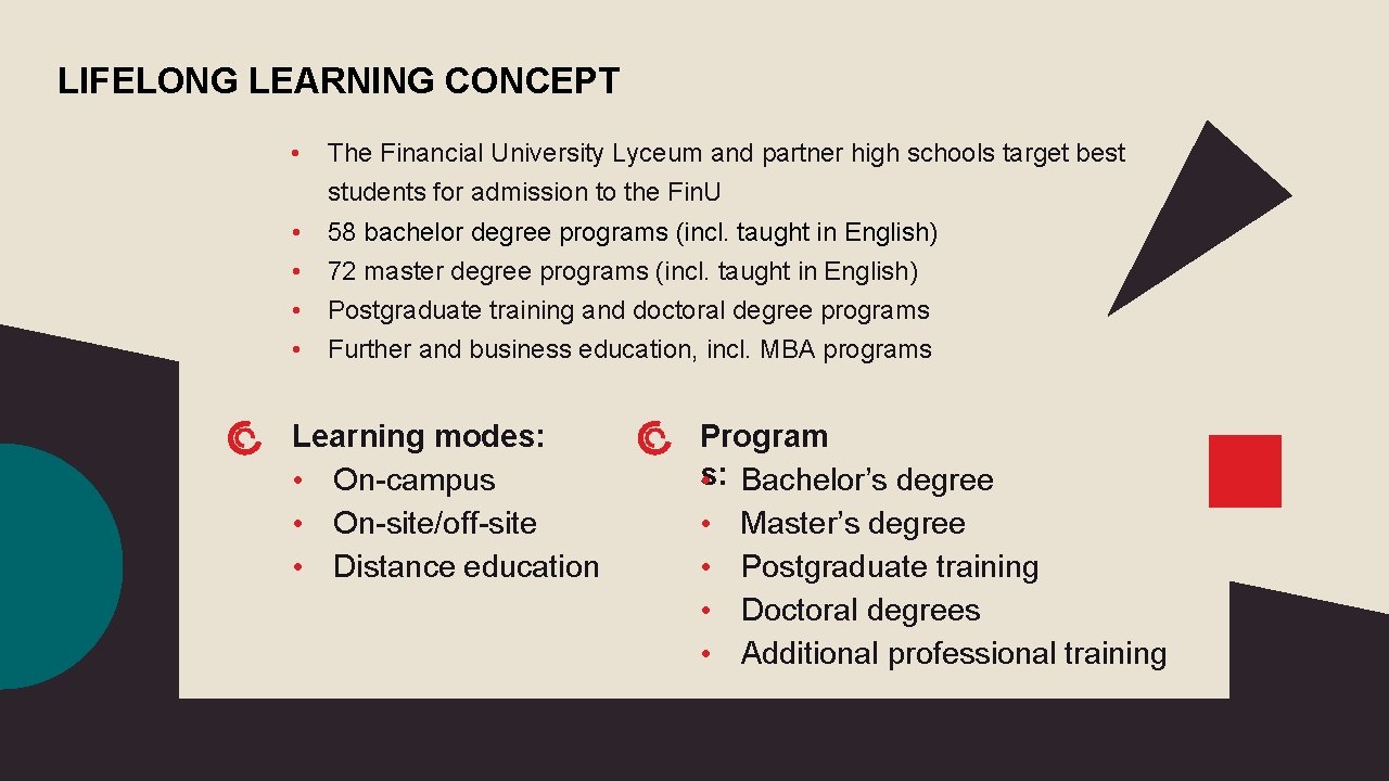 LIFELONG LEARNING CONCEPT • The Financial University Lyceum and partner high schools target best