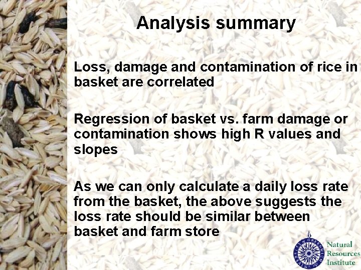 Analysis summary Loss, damage and contamination of rice in basket are correlated Regression of Analysis summary Loss, damage and contamination of rice in basket are correlated Regression of
