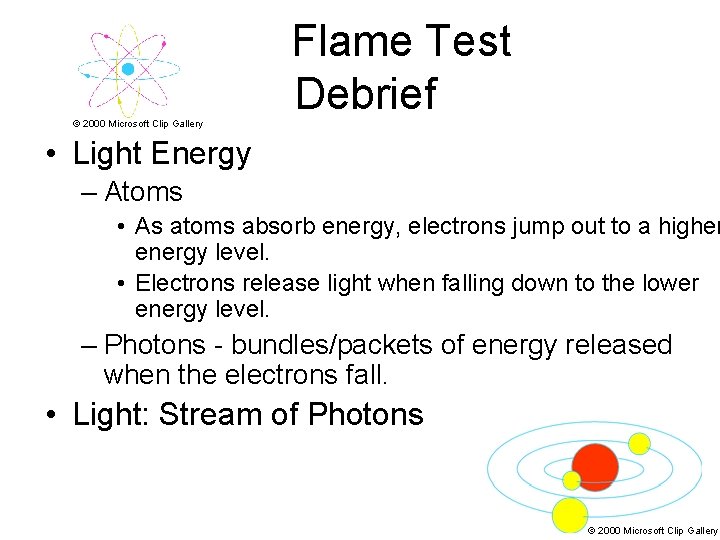 Flame Test Debrief © 2000 Microsoft Clip Gallery • Light Energy – Atoms •