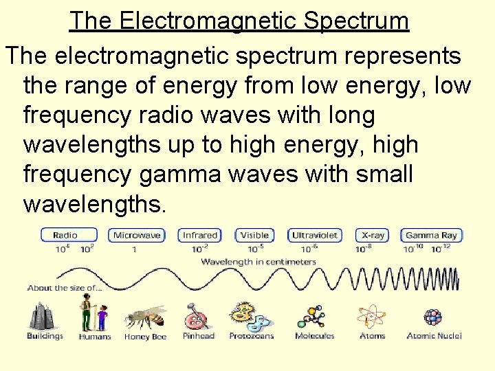 The Electromagnetic Spectrum The electromagnetic spectrum represents the range of energy from low energy,
