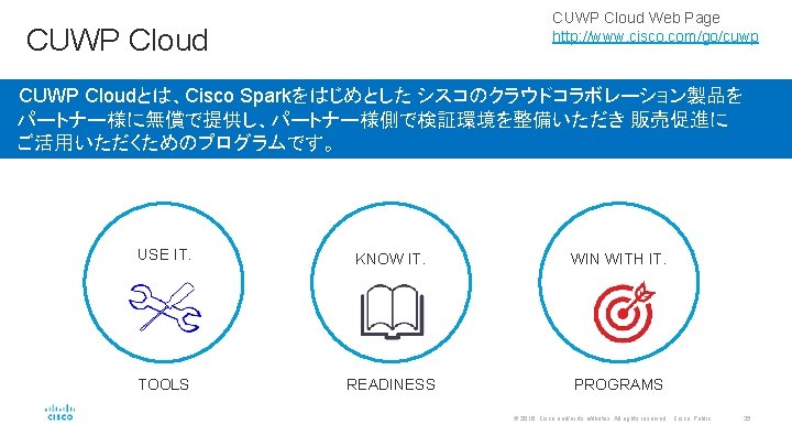 CUWP Cloud Web Page http: //www. cisco. com/go/cuwp CUWP Cloudとは、Cisco Sparkをはじめとした シスコのクラウドコラボレーション製品を パートナー様に無償で提供し、パートナー様側で検証環境を整備いただき 販売促進に