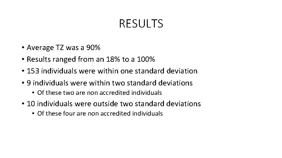 RESULTS • Average TZ was a 90% • Results ranged from an 18% to