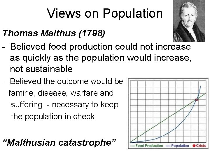 Views on Population Thomas Malthus (1798) - Believed food production could not increase as Views on Population Thomas Malthus (1798) - Believed food production could not increase as