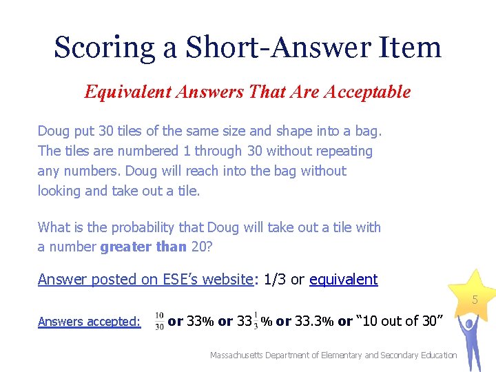 Scoring a Short-Answer Item Equivalent Answers That Are Acceptable Doug put 30 tiles of