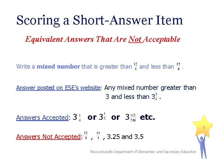 Scoring a Short-Answer Item Equivalent Answers That Are Not Acceptable Write a mixed number