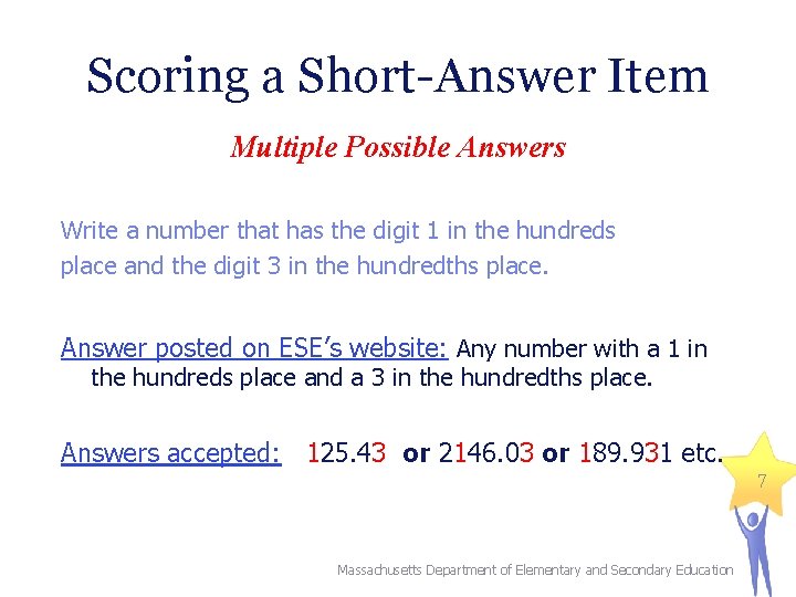 Scoring a Short-Answer Item Multiple Possible Answers Write a number that has the digit