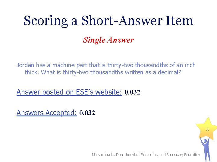 Scoring a Short-Answer Item Single Answer Jordan has a machine part that is thirty-two