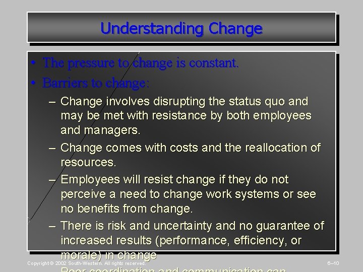 Understanding Change • The pressure to change is constant. • Barriers to change: –