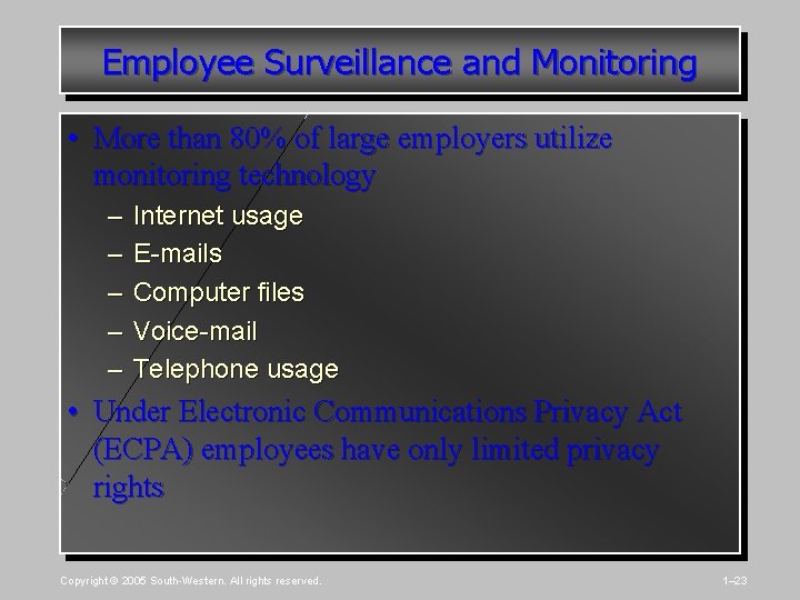 Employee Surveillance and Monitoring • More than 80% of large employers utilize monitoring technology