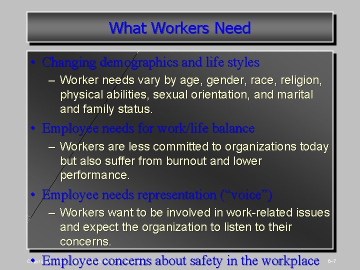 What Workers Need • Changing demographics and life styles – Worker needs vary by