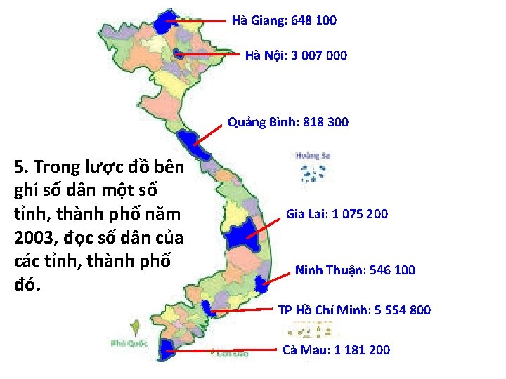 Hà Giang: 648 100 Hà Nội: 3 007 000 Quảng Bình: 818 300 5.