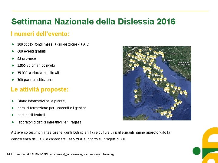 Settimana Nazionale della Dislessia 2016 I numeri dell’evento: ► 100. 000€ - fondi messi