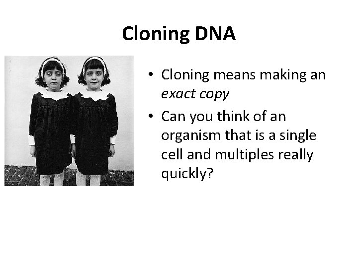Cloning DNA • Cloning means making an exact copy • Can you think of