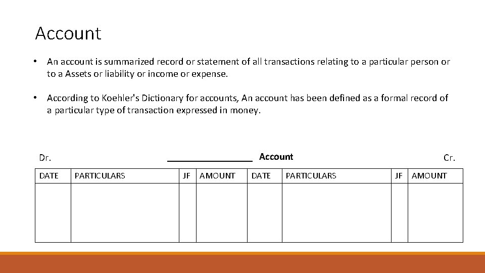 Account • An account is summarized record or statement of all transactions relating to