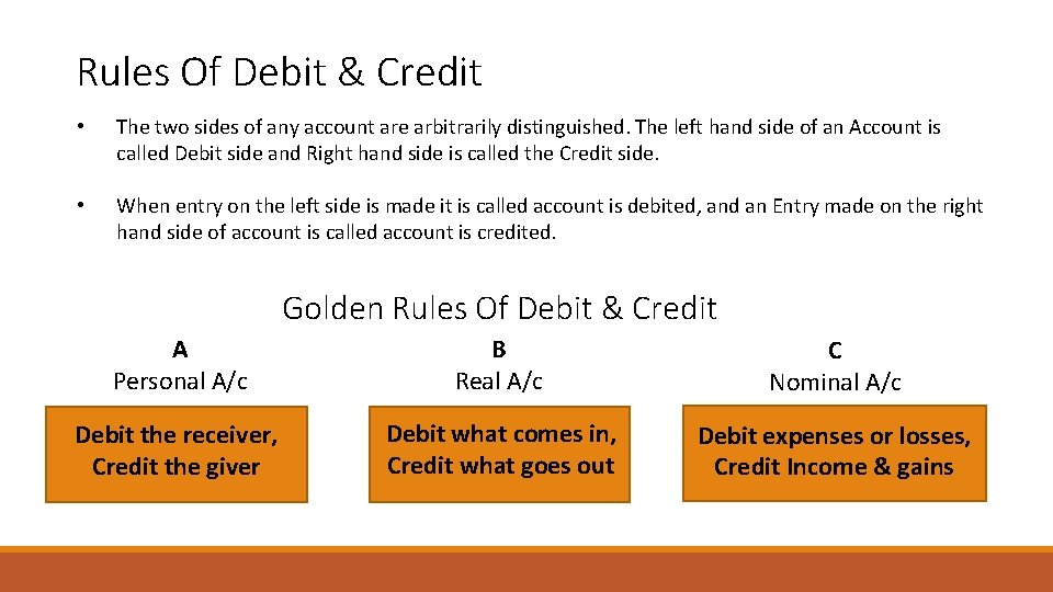 Rules Of Debit & Credit • The two sides of any account are arbitrarily