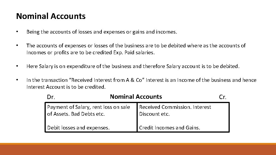 Nominal Accounts • Being the accounts of losses and expenses or gains and incomes.