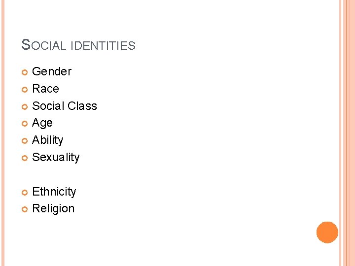 SOCIAL IDENTITIES Gender Race Social Class Age Ability Sexuality Ethnicity Religion 