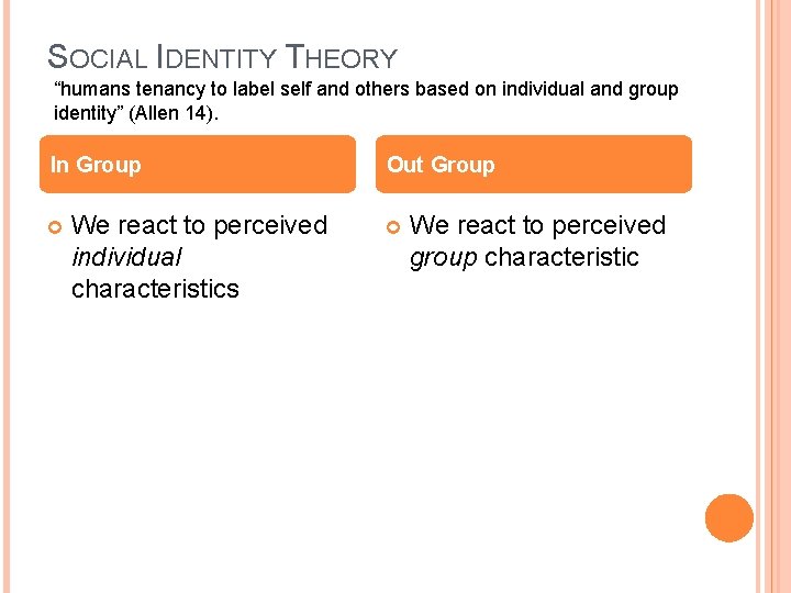 SOCIAL IDENTITY THEORY “humans tenancy to label self and others based on individual and