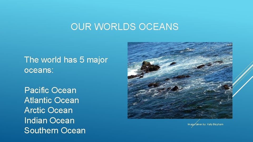 OUR WORLDS OCEANS The world has 5 major oceans: Pacific Ocean Atlantic Ocean Arctic