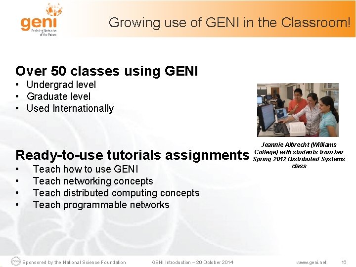 Growing use of GENI in the Classroom! Over 50 classes using GENI • Undergrad